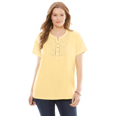 Plus Size Women's Eyelet Henley Tee by Woman Within in Banana (Size 2X) Shirt