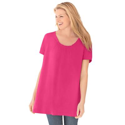 Plus Size Women's Perfect Short-Sleeve Shirred U-Neck Tunic by Woman Within in Raspberry Sorbet (Size L)