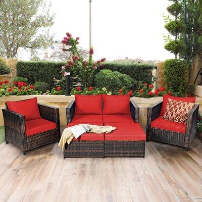 Etta Avenue™ Langston 5 Piece Rattan Sofa Seating Group w/ Cushion Wicker/Rattan in Red | Outdoor Furniture | Wayfair