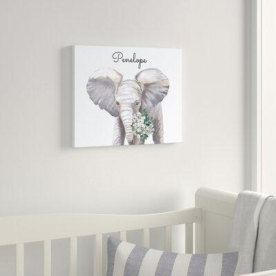 Three Posts™ Baby & Kids Abbott Baby Elephant w/ Flowers Personalized Canvas Art Canvas in Black/Green/White | 16 H x 20 W x 1.25 D in | Wayfair