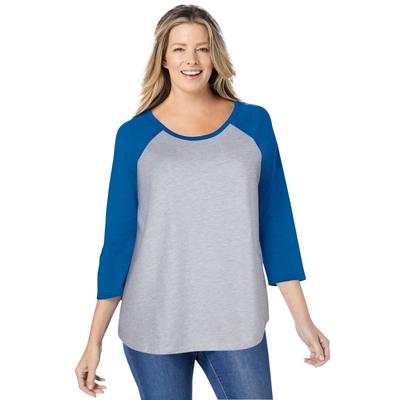 Plus Size Women's Three-Quarter Sleeve Baseball Tee by Woman Within in Heather Grey Bright Cobalt (Size 2X) Shirt