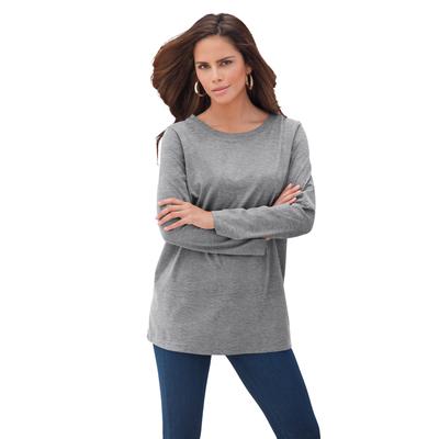Plus Size Women's Long-Sleeve Crewneck Ultimate Tee by Roaman's in Medium Heather Grey (Size 2X) Shirt