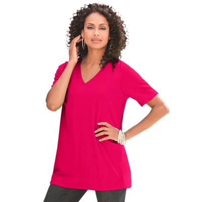 Plus Size Women's V-Neck Ultimate Tee by Roaman's in Cherry Red (Size L) 100% Cotton T-Shirt