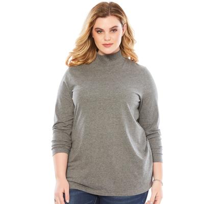 Plus Size Women's Long-Sleeve Mockneck Ultimate Tee by Roaman's in Medium Heather Grey (Size 3X) Mock Turtleneck Shirt