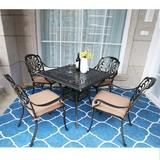 Bloomsbury Market 5-Piece Outdoor Furniture Bbq Dining Set, All Weather Cast Aluminum Patio Garden Set w/ 4 Cushioned Chairs in Brown | Wayfair
