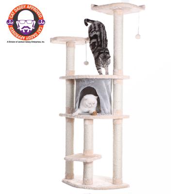 64" Real Wood Cat Tree With Sractch Sisal Post, Soft-Side Playhouse by Armarkat in Almond