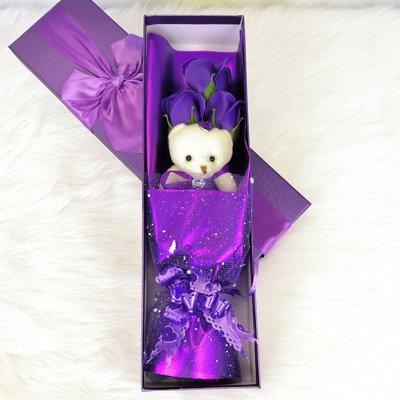 Primrue Flower Bouquet 3 Scented Soap Roses Gift Box w/ Cute Teddy Bear Birthday Mother's Day V in Indigo | 23.62 H x 8.26 W x 4.72 D in | Wayfair