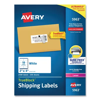 Avery TrueBlock Shipping Labels, Laser, 2 x 4, White, 2,500ct.