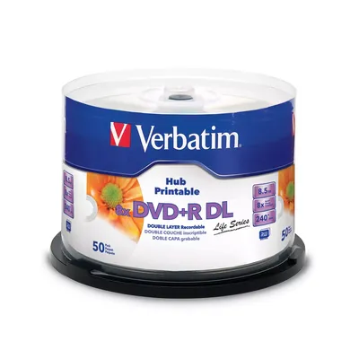 Verbatim DVD+R DL 8.5GB 8X White Inkjet Hub Printable, 50pk Spindle