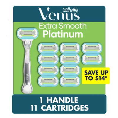 Venus Platinum Extra Smooth Metal Handle Women's Razor, 1 Handle + 11 Refills
