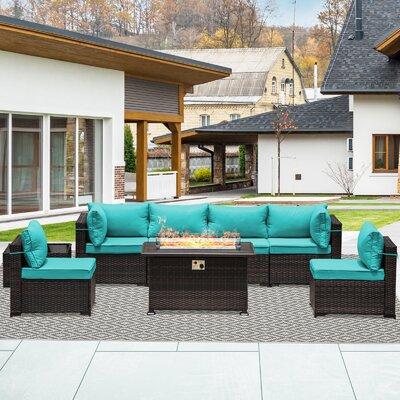 Latitude Run® 8 Pieces Outdoor Patio Furniture Set w/ Propane Fire Pit Table Outdoor Sectional Sofa Sets Patio Furniture 43" Gas Fire Pit Brown Pe R Wicker/Rattan