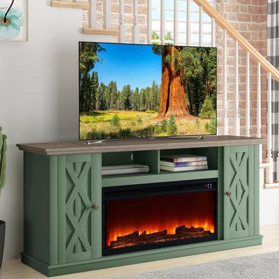 Three Posts™ Knighten TV Stand For TVs Up To 78" w/ Fireplace Included Wood in Gray/Blue/Brown | 29.76 H in | Wayfair