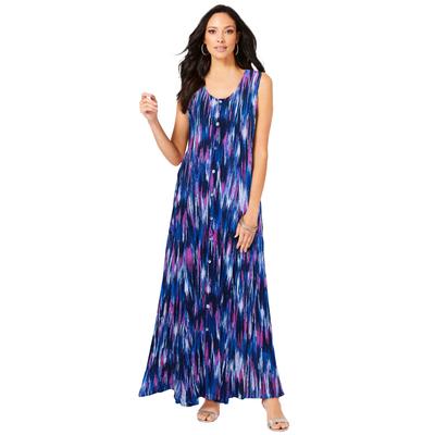 Plus Size Women's Button-Front Crinkle Dress with Princess Seams by Roaman's in Cool Abstract Ikat (Size 34/36)