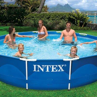 Intex 12' Pool Cover w/12 x 2.5 Ft Metal Frame Pool w/Intex Filters (6 Pack) Plastic in Blue | 30 H x 144 W x 144 D in | Wayfair
