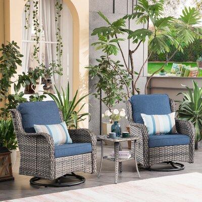 Lark Manor™ Guillen 3 Piece Rattan Seating Group w/ Cushions Synthetic Wicker in Gray/Blue | Outdoor Furniture | Wayfair