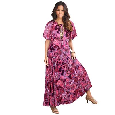 Plus Size Women's Flutter-Sleeve Crinkle Dress by Roaman's in Raspberry Mixed Paisley (Size 18/20)