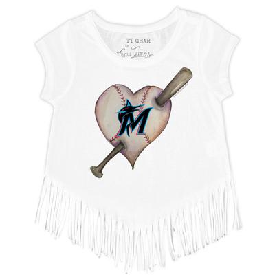 Girls Toddler Tiny Turnip White Miami Marlins Heart Bat Fringe T-Shirt
