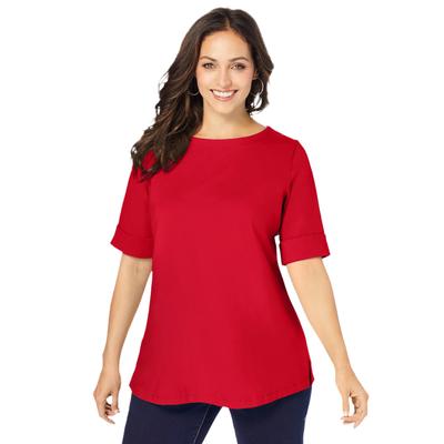Plus Size Women's Stretch Cotton Cuff Tee by Jessica London in Vivid Red (Size 34/36) Short-Sleeve T-Shirt