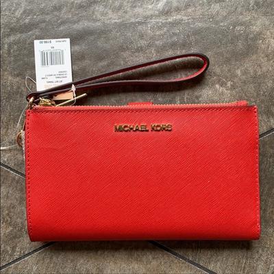 Michael Kors Bags | Mk Jet Set Travel Double Zip Wrstl Smartphone Case Wallet Flame | Color: Gold/Red | Size: Large