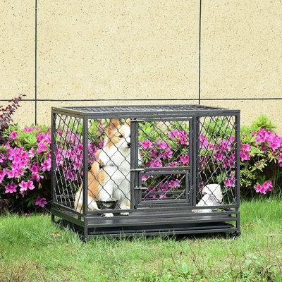 Tucker Murphy Pet™ Heavy Duty Dog Cage Metal Kennel & Crate Dog Playpen w/ Lockable Wheels, Slide-Out Tray, Food Bowl & Double Doors in Gray Wayfair