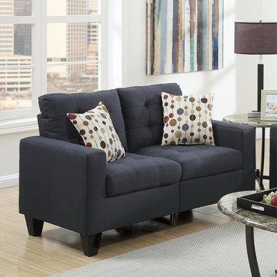 Latitude Run® Living Room Furniture 2Pc Sofa Set Black Polyfiber Tufted Sofa Loveseat w/ Pillows Cushion Couch Solid Pine Denim in Black/Blue