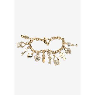 Women's Gold-Plated Shoe,Purse,Heart Lock And Key Charm Bracelet, Crystal 7.5