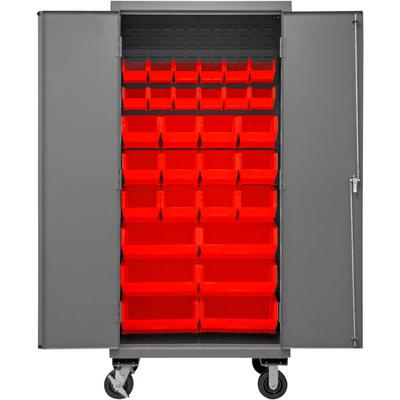 Durham Mfg 36  x 24  x 81  Mobile Storage Cabinet with 30 Red Bins 2501M-BLP-30-1795