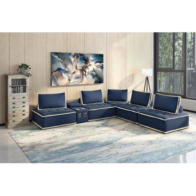 Sectional - Sunset Trading Pixie 6 Piece Sofa Sectional | Modular Couch | tooth Speaker Console Outlets USB Storage Cupholders | Navy in | Wayfair
