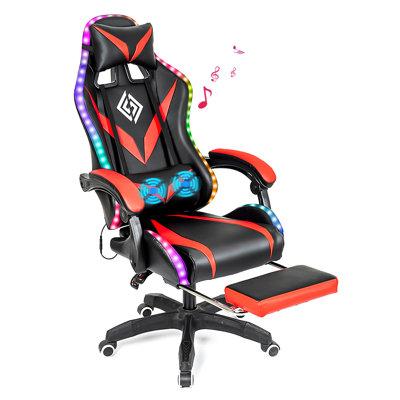 Hoffree Ergonomic Faux Swiveling PC & Racing Game Chair w/ Built-in Speakers & Lights Faux in Red/Black | 47.64 H x 23.62 W x 23.62 D in | Wayfair