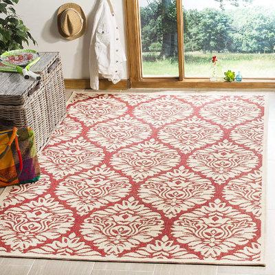 White 91.2 x 63.6 x 0.25 in Area Rug - Charlton Home® Square Aharshi Geometric Power Loomed Area Rug in Red/Cream | Wayfair