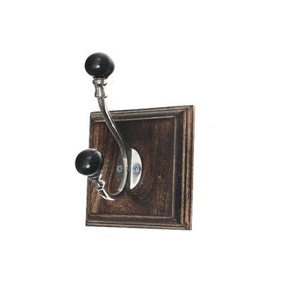 Williston Forge Antique Nickel Hook w/ Black Knob On Wood Base (Walnut) - Set Of 2 Wood/Metal in Brown | 5 H x 5 W x 5 D in | Wayfair