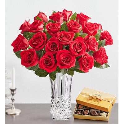 1-800-Flowers Flower Delivery Two Dozen Red Roses In Luxury Posh Vase 24 Stems W/ Posh Vase & Godiva Chocolate | Perfect Gift For Any Occasion