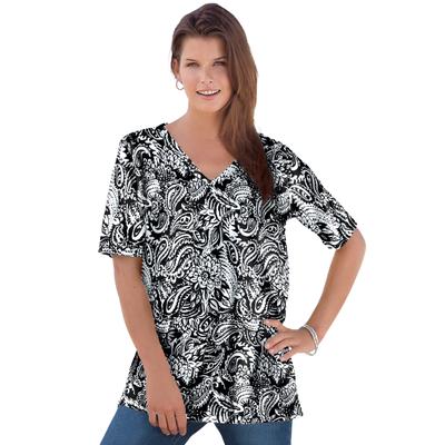 Plus Size Women's V-Neck Ultimate Tee by Roaman's in Black Graphic Paisley (Size 3X) 100% Cotton T-Shirt
