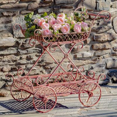Zaer Ltd International Two Tier Flower Push Cart w/ Moving Wheels Plant Stand Metal in Pink | 36.61 H x 21.65 W x 33.85 D in | Wayfair ZR160260-PK