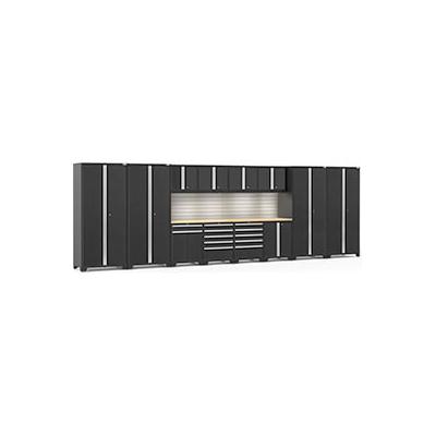 NewAge Products PRO 3.0 Series Black 14-Piece Cabinet Set with Bamboo Tops Slatwall and LED Lights