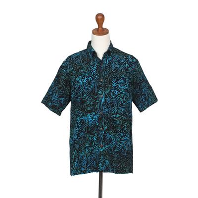 Night Jungle,'Men's Rayon Shirt with Leafy Batik Print in Green and Blue'