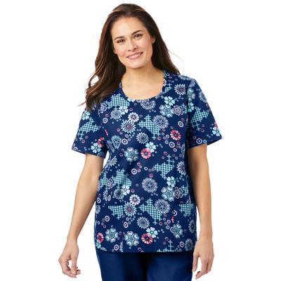 Plus Size Women's Scoopneck Scrub Top by Comfort Choice in Evening Blue Floral (Size L)