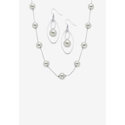 Women's Simulated Pearl Silvertone 2-Piece Station Necklace And Drop Earring Set 18 -21  by PalmBeach Jewelry in White