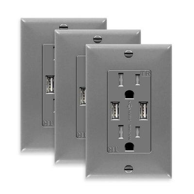 TOPGREENER 15 Amp Tamper Resistant Residential Decorator USB Outlet Dual Type A w/ Wall Plate (3-Pack) in Gray | Wayfair TU2153A-GYWP3P