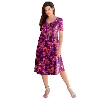 Plus Size Women's Ultrasmooth® Fabric V-Neck Swing Dress by Roaman's in Berry Flower Vine (Size 26/28) Stretch Jersey Short Sleeve V-Neck