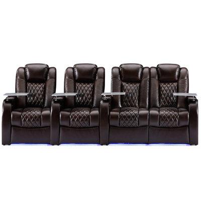 Orren Ellis 112" Wide Genuine Leather Home Theater Loveseat w/ Cup Holder Genuine Leather in Brown | 42.5 H x 112 W x 40 D in | Wayfair