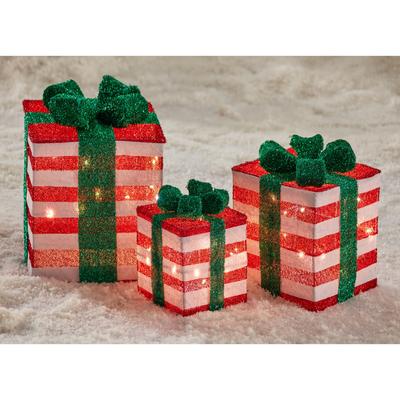 Pre-Lit Gift Boxes, Set of 3 by BrylaneHome in Red White Christmas Decoration