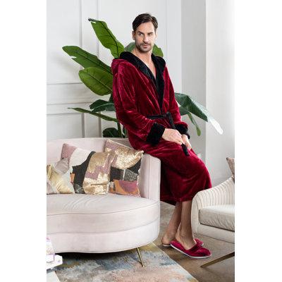 LOTUS LINEN Plush Hooded Robe - Long Fleece Spa Bathrobe Polyester/Cotton Blend | S/M | Wayfair 6140-BGDBLK-S/M