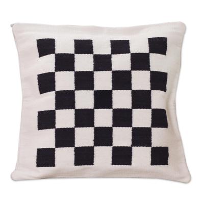 Chess,'Handwoven Black and Ivory Chessboard Cushion Cover'