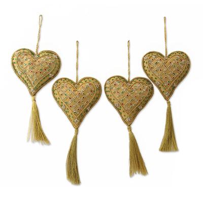 Heart of the Holiday,'Four Handcrafted Beaded Gold Heart Christmas Ornaments'