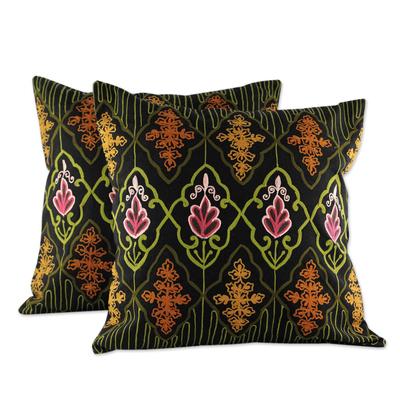 Embroidered cushion covers, 'Floral Night' (pair)