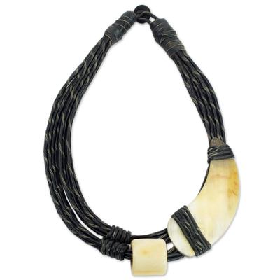 Sougri Black,'Horn and Bone Pendants on Black Leather Necklace'