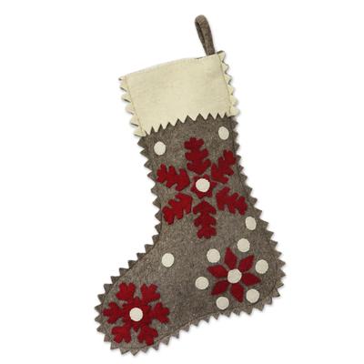 Christmas Snowfall,'Handcrafted Snow Motif Wool Stocking from India'