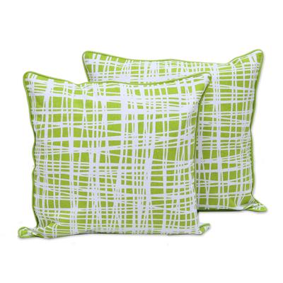 Green Woods,'Green and White Cotton Printed Woods Pair of Cushion Covers'