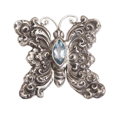 Marquise Butterfly,'Blue Topaz and Sterling Silver Butterfly Brooch from Bali'